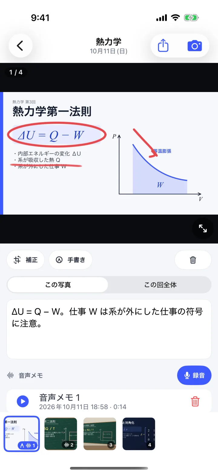 写真に手書き、テキストメモ、音声メモが付いた画面